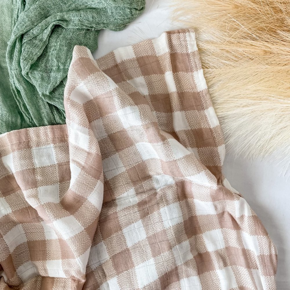 NWT Bamboo Beige Gingham Swaddle Blanket